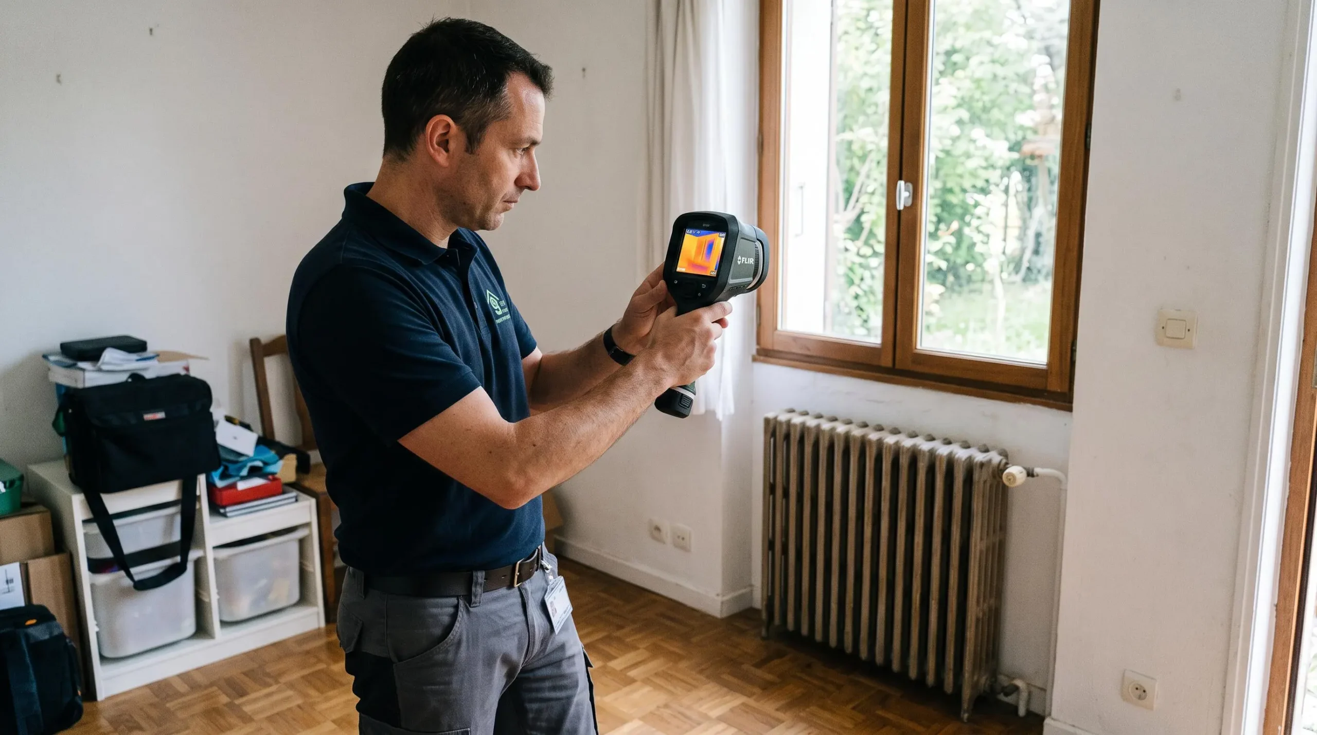 Diagnostiqueur utilisant une caméra thermique pour analyser les performances énergétiques d'un mur intérieur