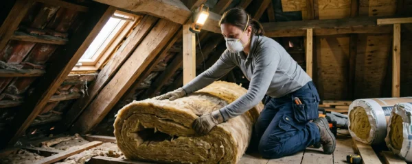 Artisan installant de l'isolant en laine minérale entre les poutres de combles d'une maison