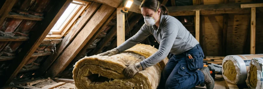 Artisan installant de l'isolant en laine minérale entre les poutres de combles d'une maison