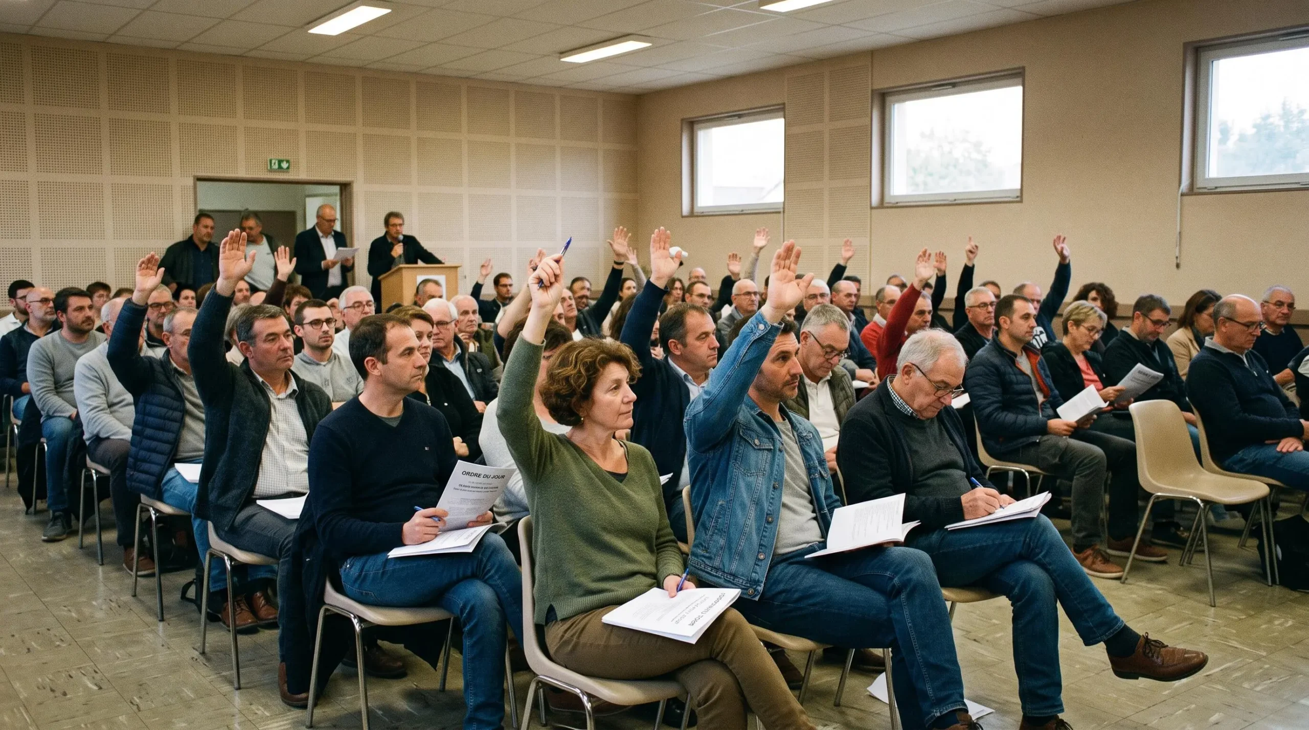 Assemblée générale d'une banque coopérative avec sociétaires levant la main pour voter