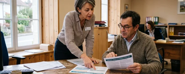 Conseiller bancaire et client consultant ensemble des documents de traçabilité dans une agence de banque coopérative