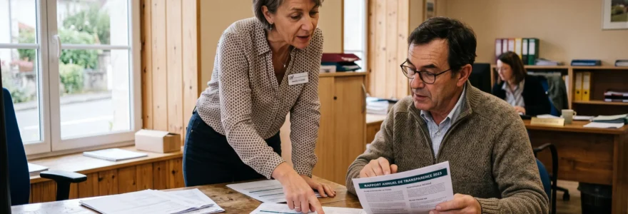 Conseiller bancaire et client consultant ensemble des documents de traçabilité dans une agence de banque coopérative