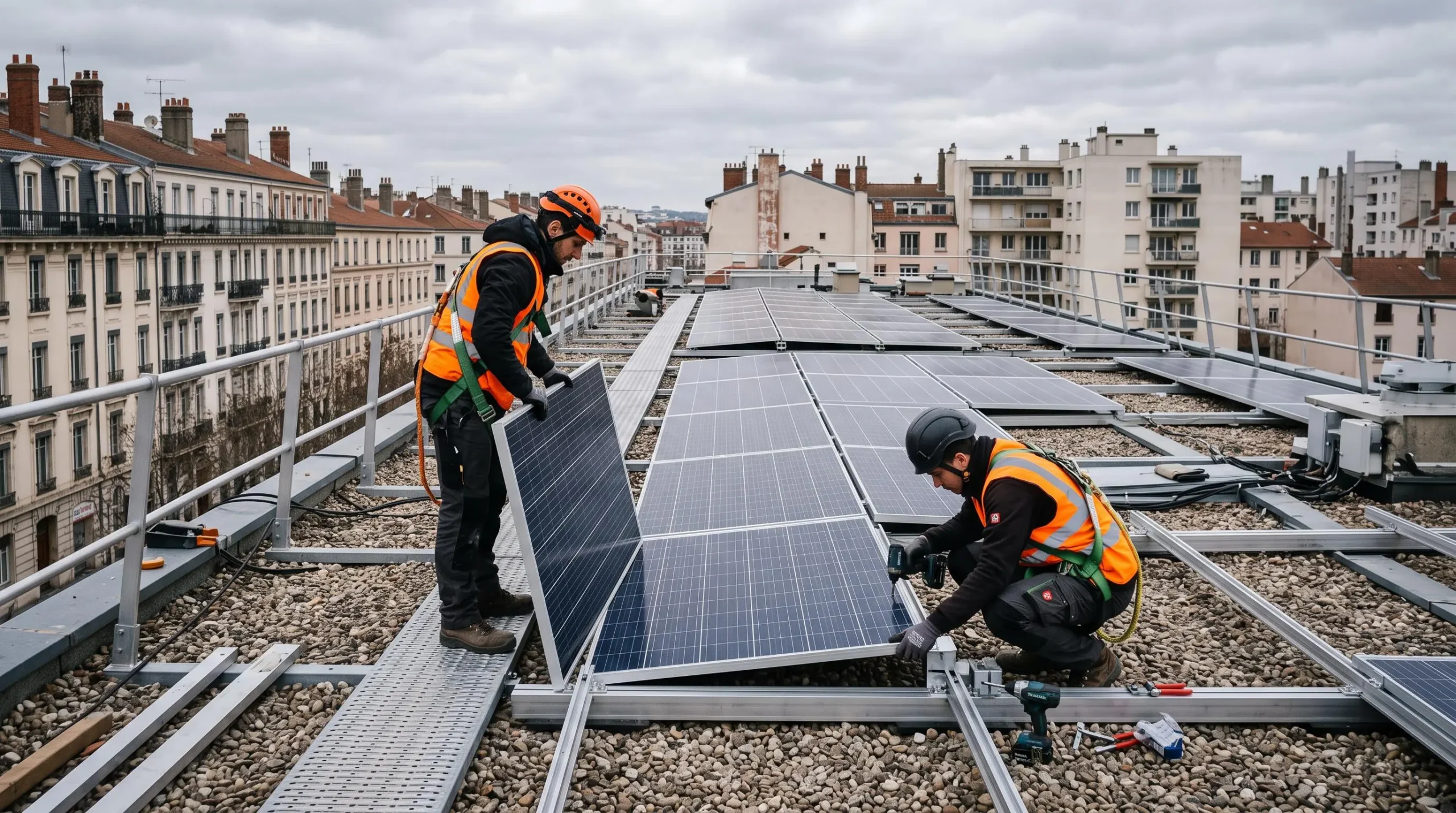 Techniciens installant des panneaux solaires photovoltaïques sur le toit d'un immeuble résidentiel coopératif